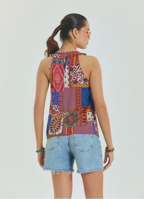 Halter Neck Button Detail Pleated Blue Sleeveless Blouse 4676